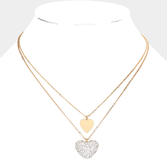 iFashionBox Jewelry - White Heart Rhinestone Pendant Necklace Layered Crystal Charm Gold Metal Chain